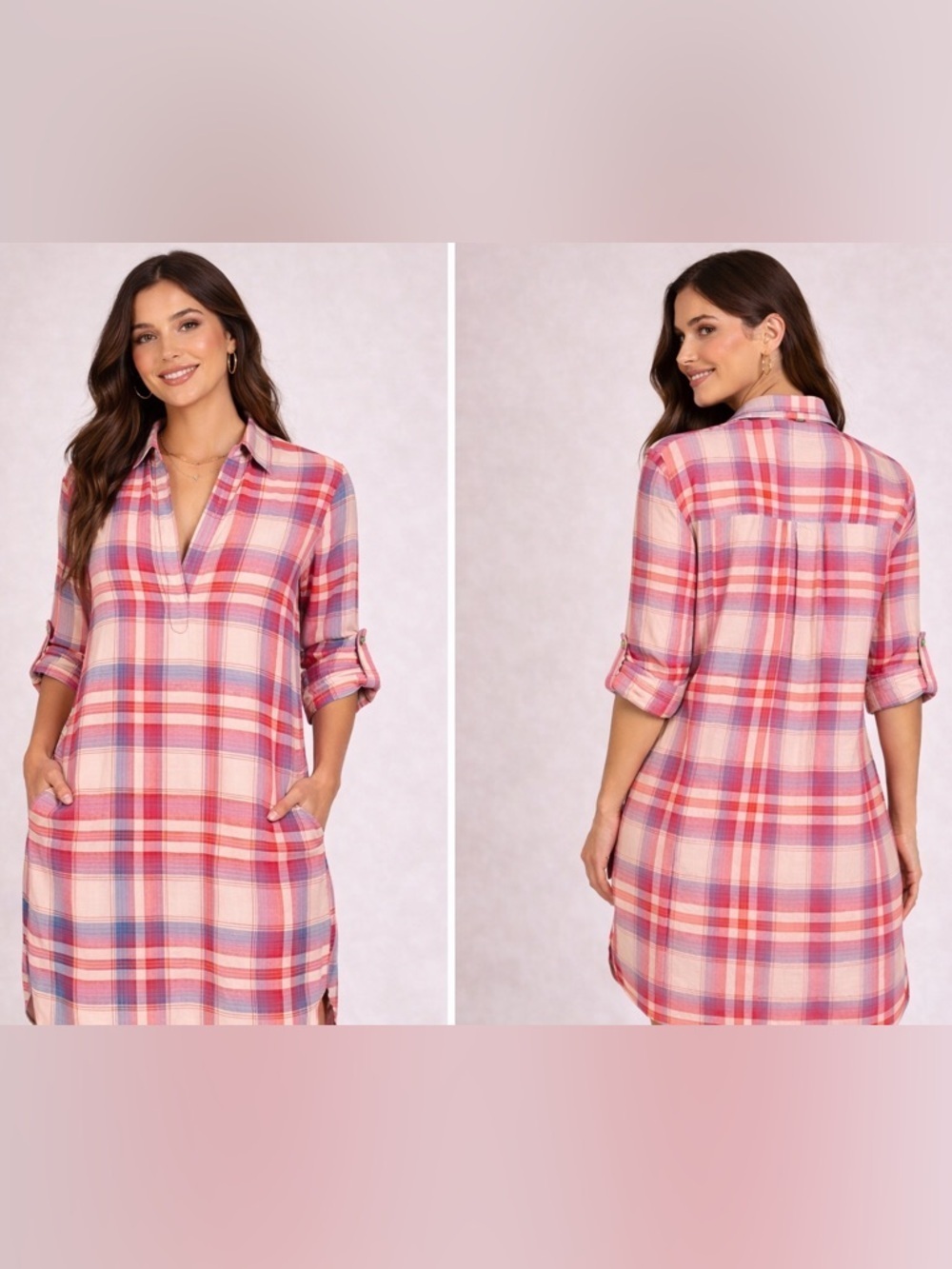 Elan Plaid Shirt Dress Medium Pink Roll Tab Sleeve Pocket Tunic Coastal Vacation - Picture 10 of 10